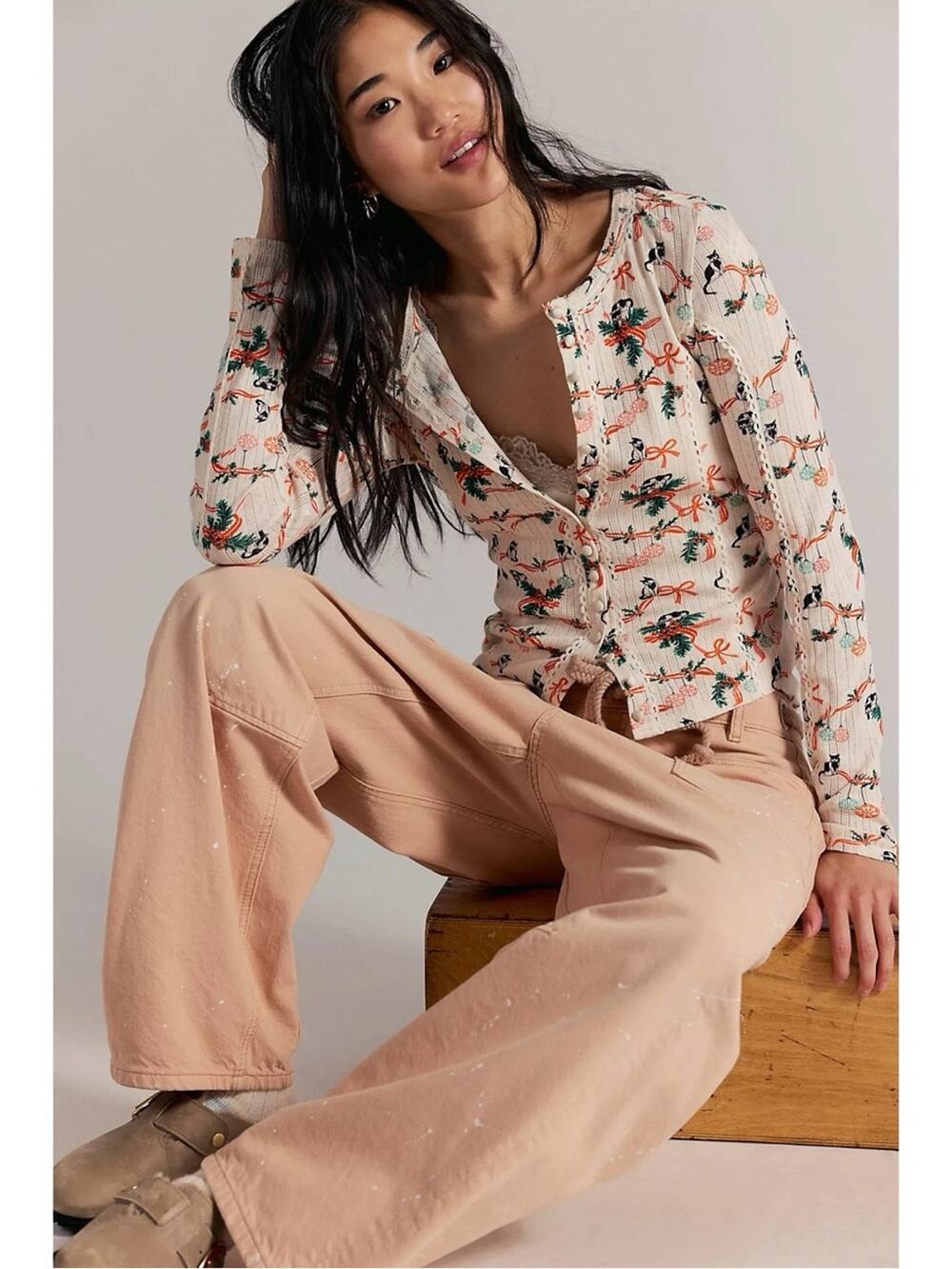 Free People Dainty Vintage Christmas Kittens Pearl And Lace Cardi Top Medium NWT